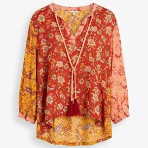 Rocks & Indigo Patchwork Tassel Blouse Size L Peasant Rust Yellow Multi-Print